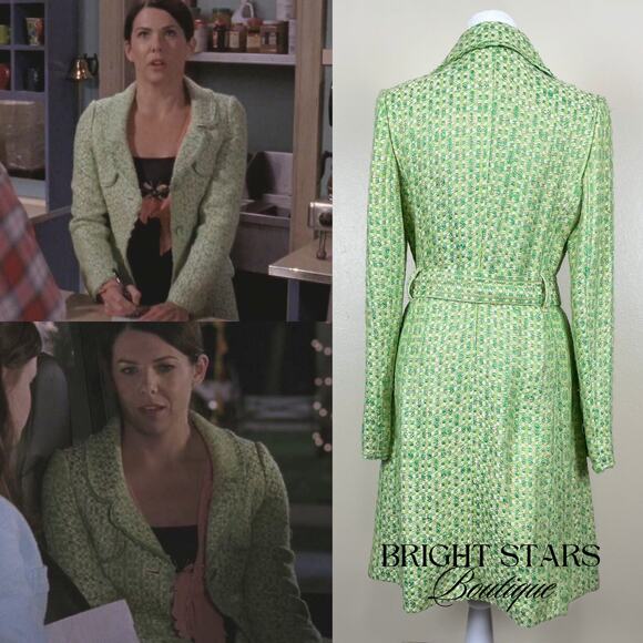 Rare Green Tweed Trench Coat As Seen On ASO Lorelai Gilmore Girls Vintage Y2K - Picture 3 of 11